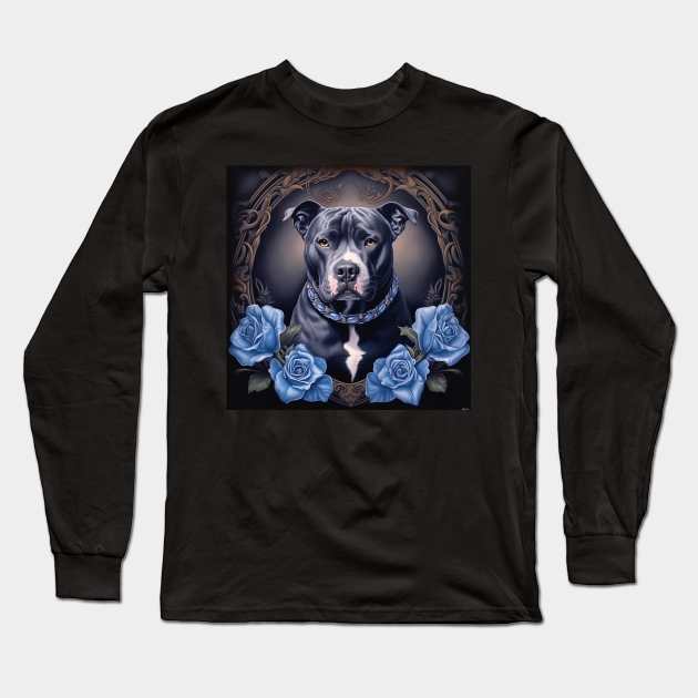 Staffy And Blue Roses Long Sleeve T-Shirt by Enchanted Reverie